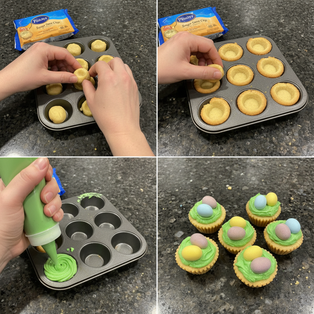 Step-by-step preparation of Easter sugar cookie cups with filling, showing dough and filling stages.