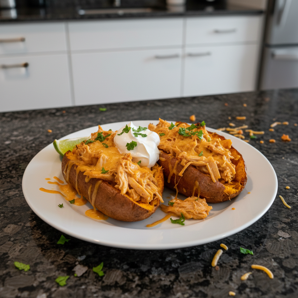 Delicious enchilada stuffed sweet potatoes, ready to eat.
