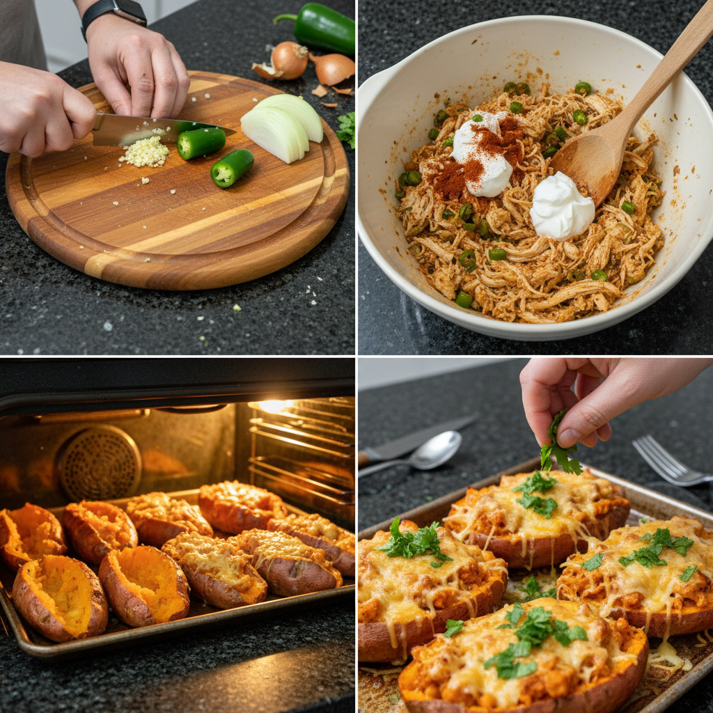 Step-by-step prep for enchilada stuffed sweet potatoes recipe.
