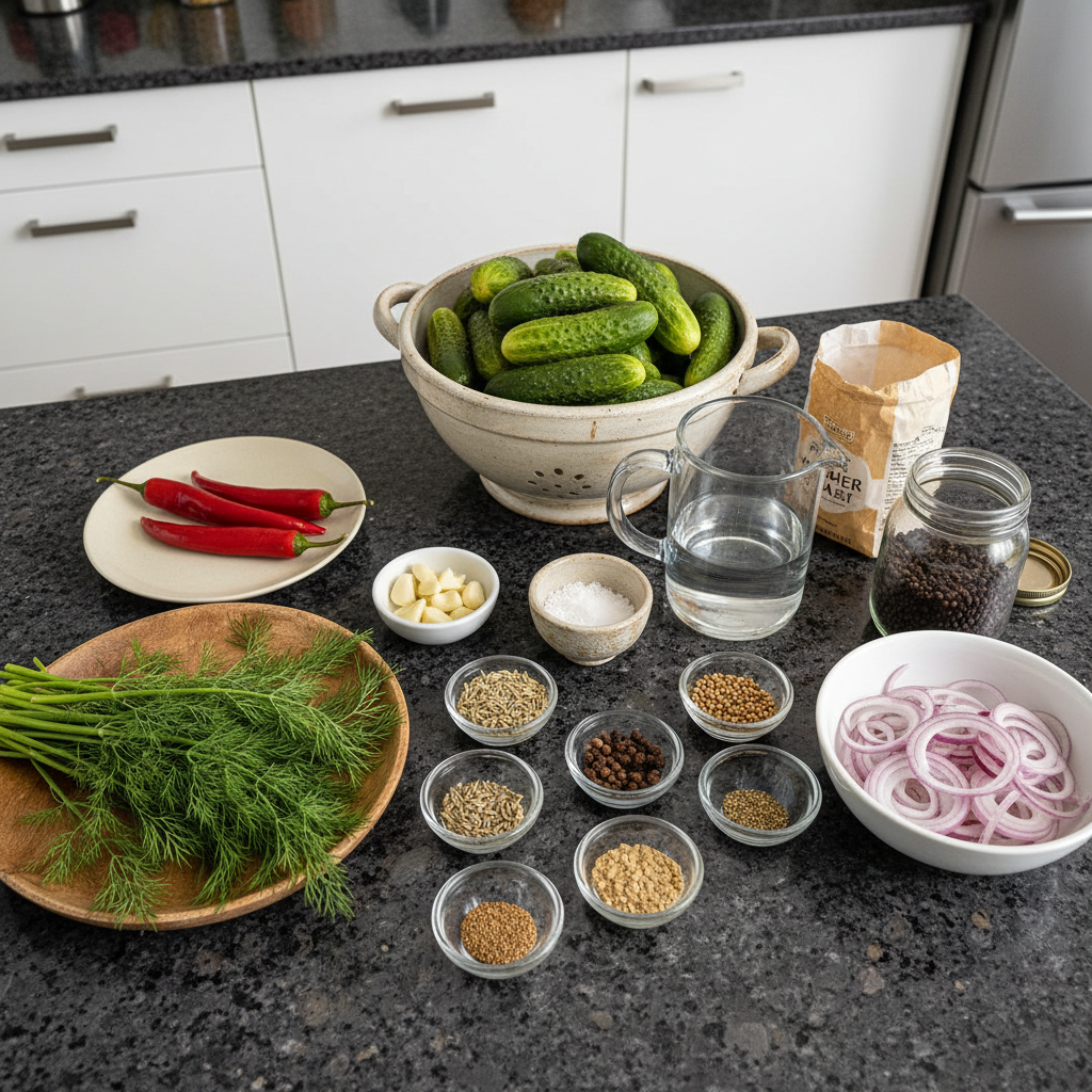 Fresh cucumbers and dill are key ingredients for homemade fermented pickles.