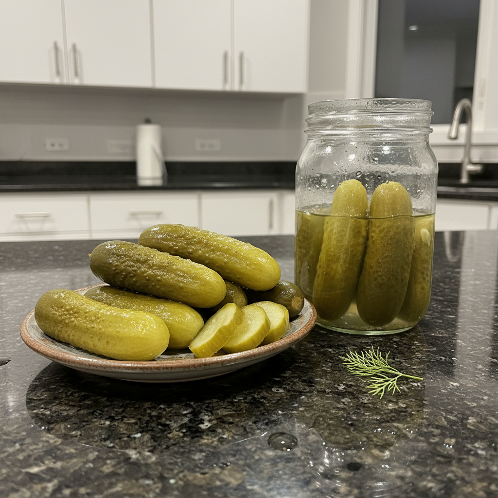 Crisp and tangy fermented pickles piled high in a clear glass jar.