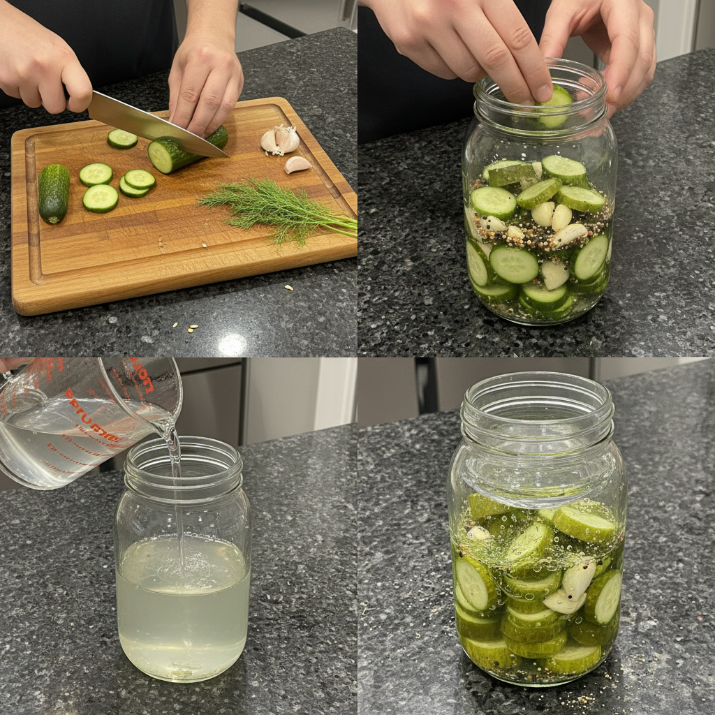 Preparing homemade fermented pickles involves layering cucumbers in brine.