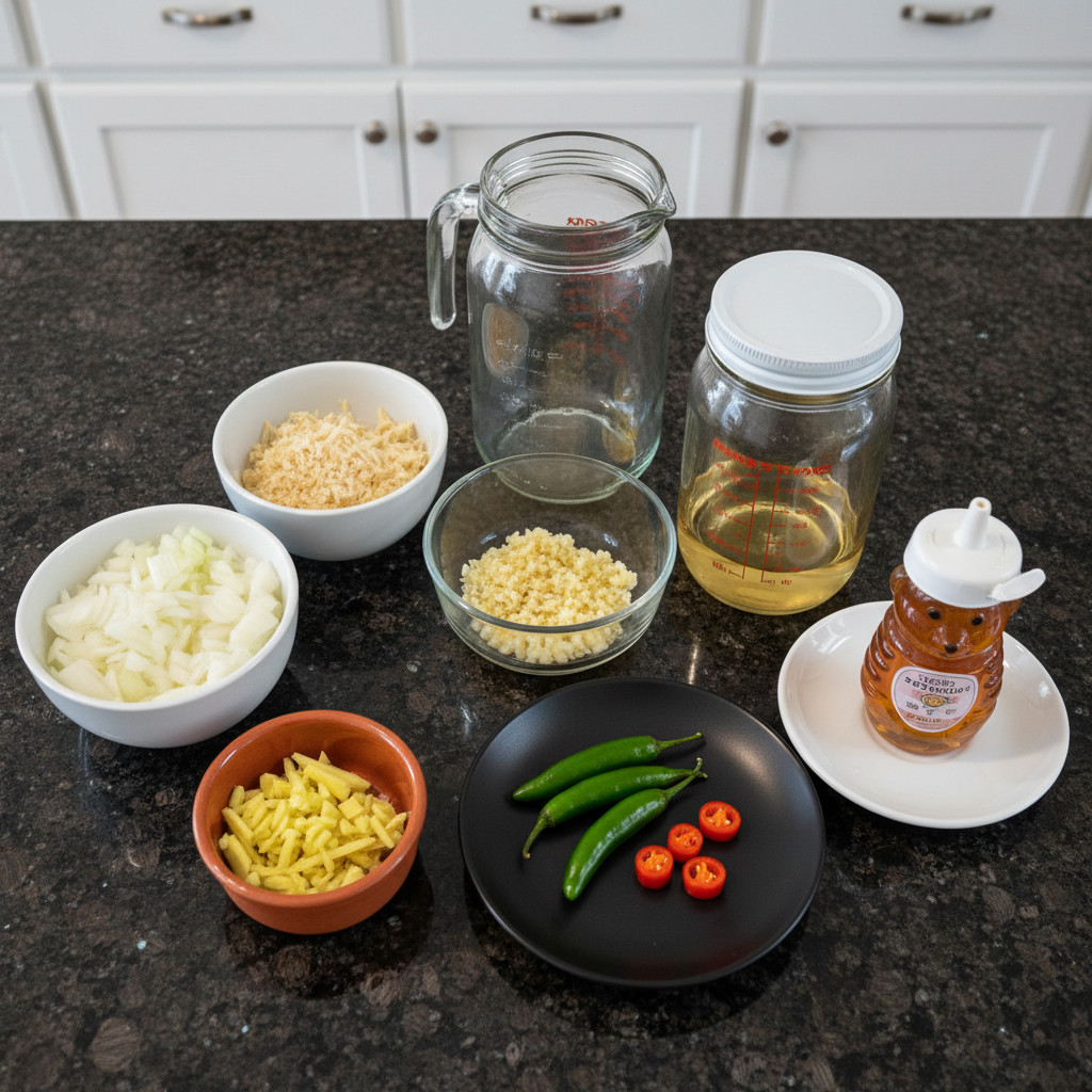 Fresh ingredients for fire cider recipe: ginger, garlic, horseradish, peppers, and citrus.
