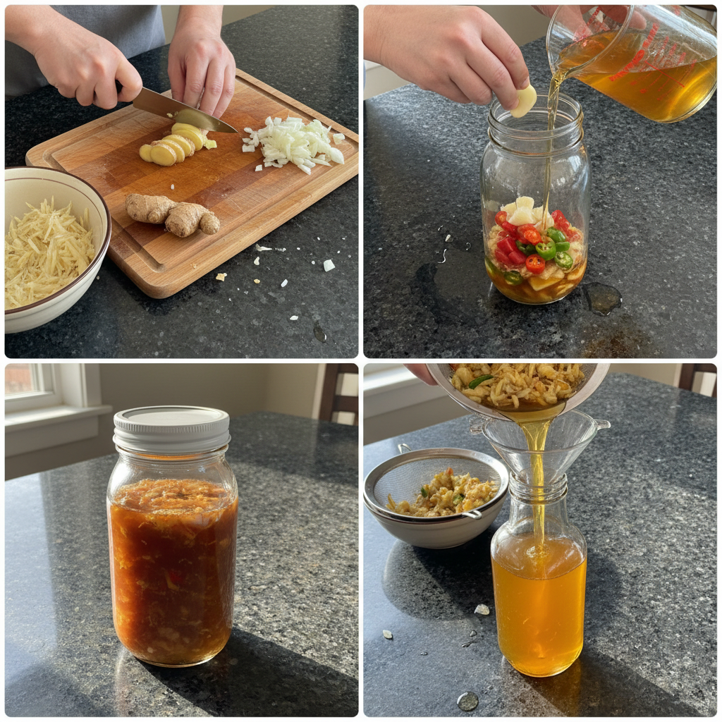Step-by-step prep for a fire cider recipe showing ingredients being chopped and added to a jar.