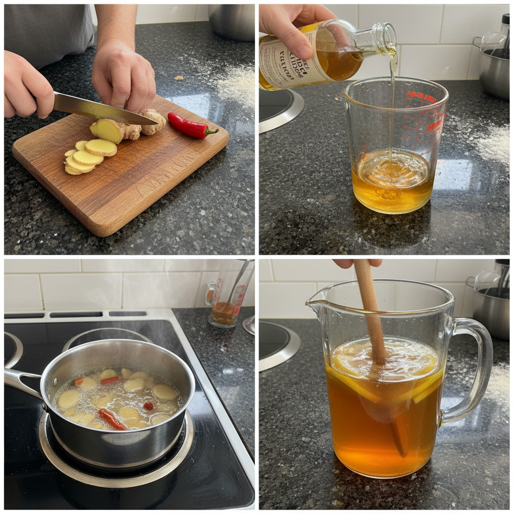 Preparing homemade ginger switchel with fresh ginger.