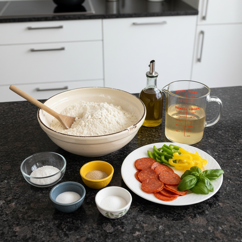 A variety of gluten free pizza crust ingredients like flour, yeast, and olive oil on a wooden surface.
