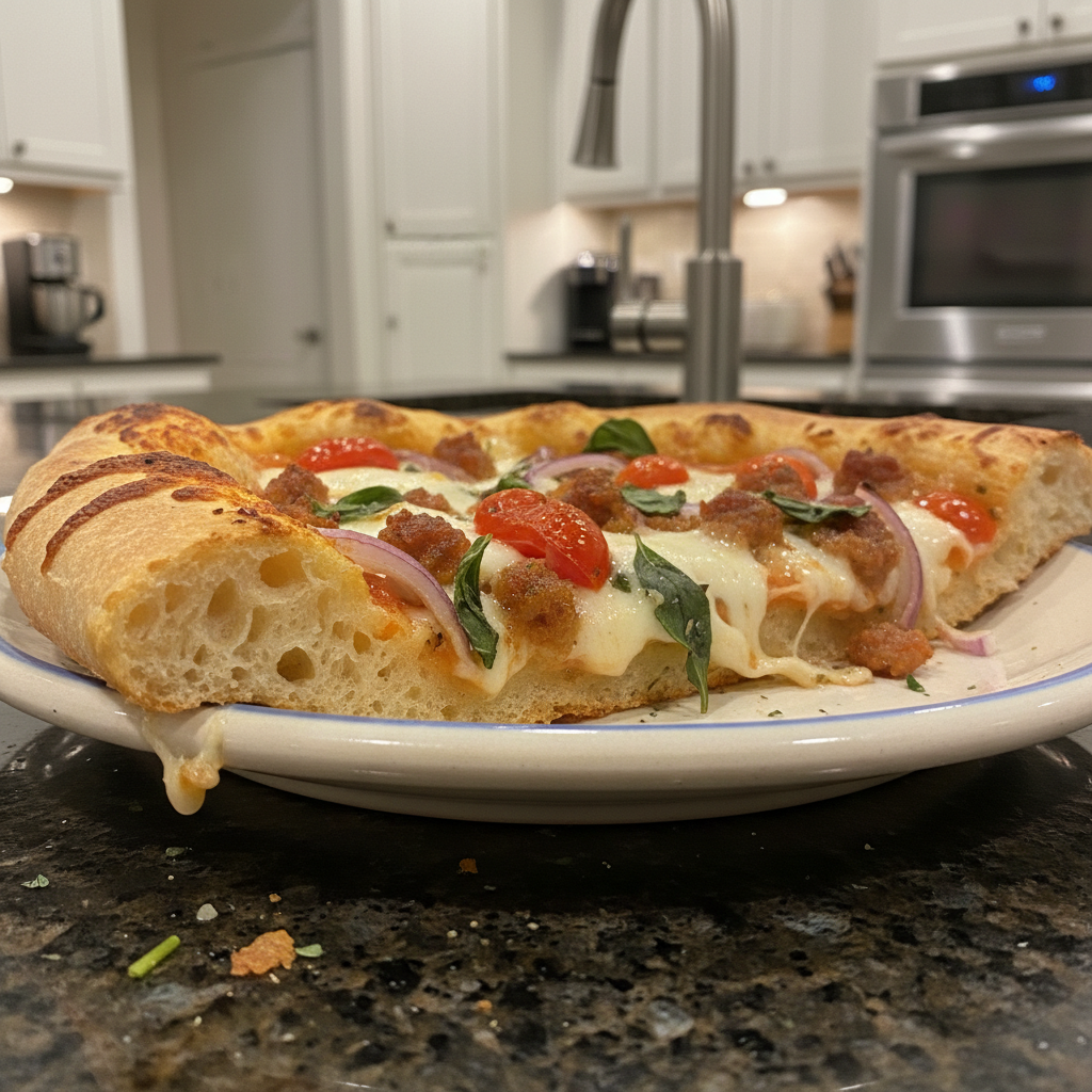 Golden brown gluten free pizza crust topped with fresh mozzarella, basil, and vibrant red sauce.