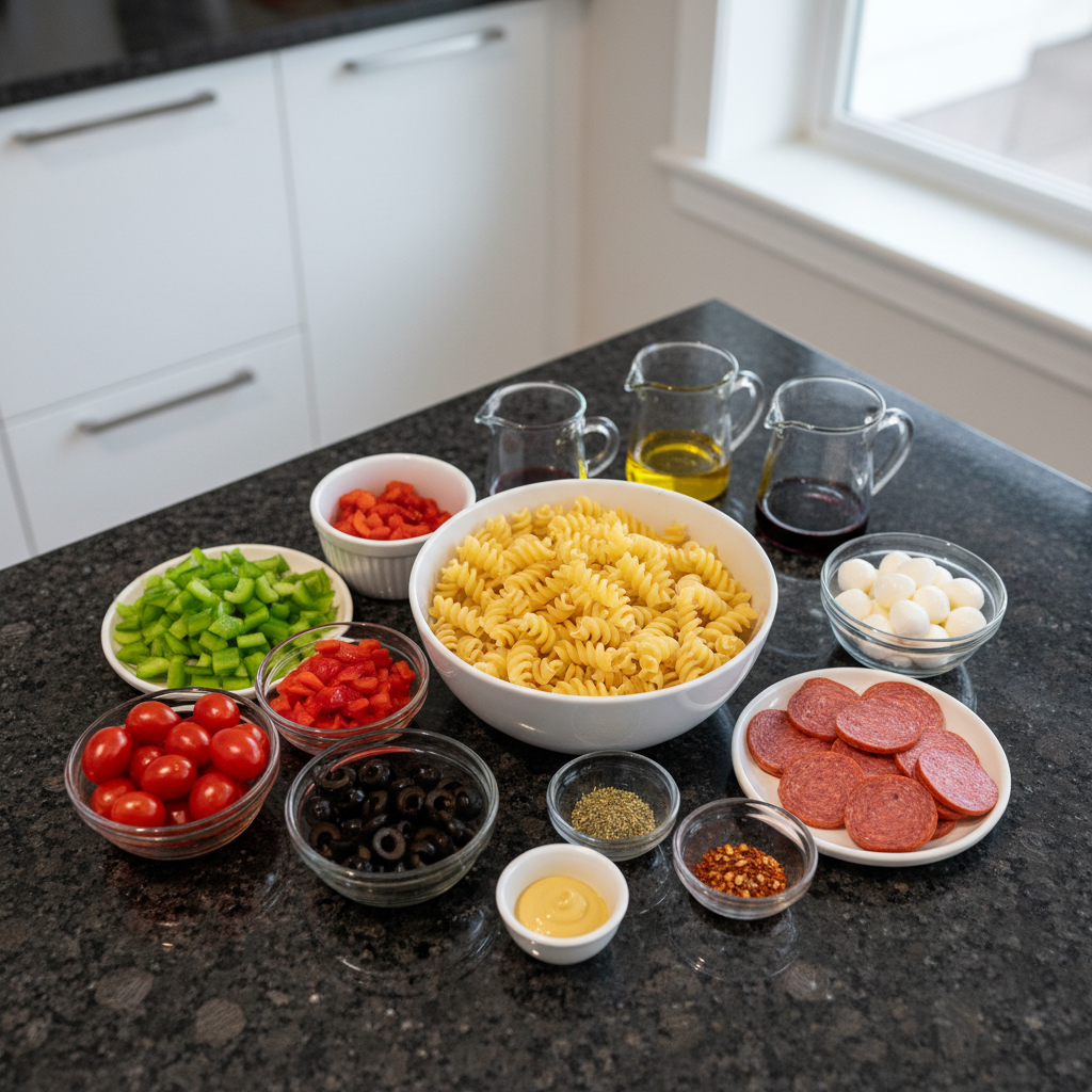 Close-up of fresh ingredients for making healthy pasta salad recipe.