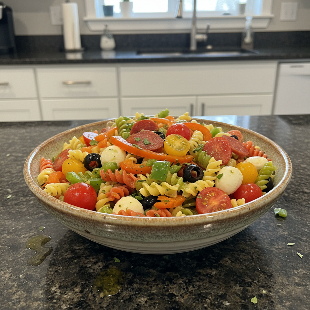 Overhead shot of vibrant healthy pasta salad with fresh vegetables and a tangy dressing.