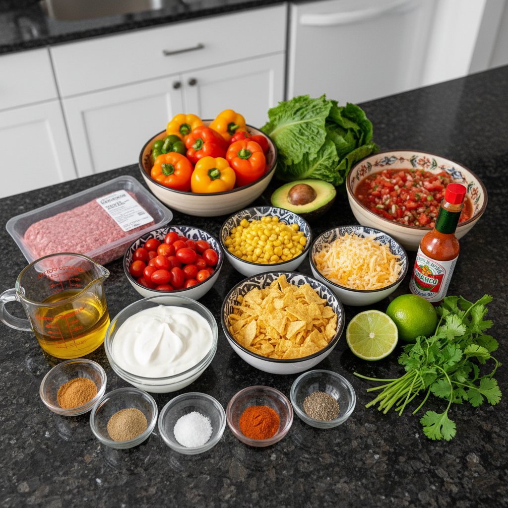 Close-up of fresh ingredients for a healthy taco salad recipe.