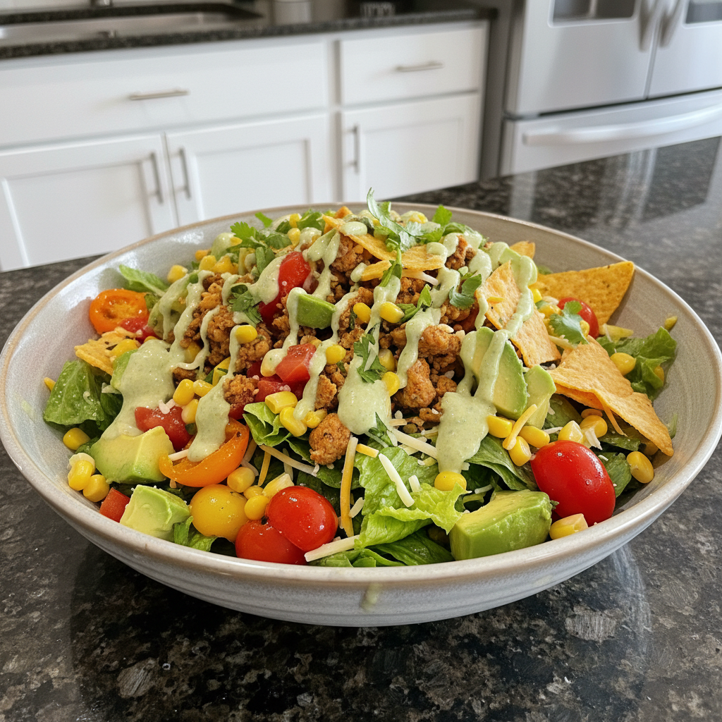 Overhead view of a vibrant and fresh healthy taco salad ready to eat.