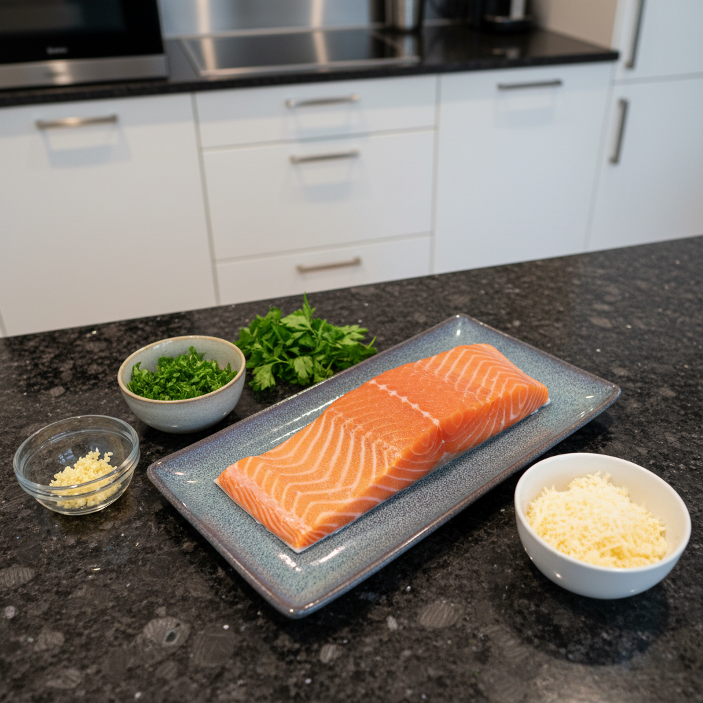 All the fresh ingredients for herb crusted salmon, ready to be prepared for Valentines Day.