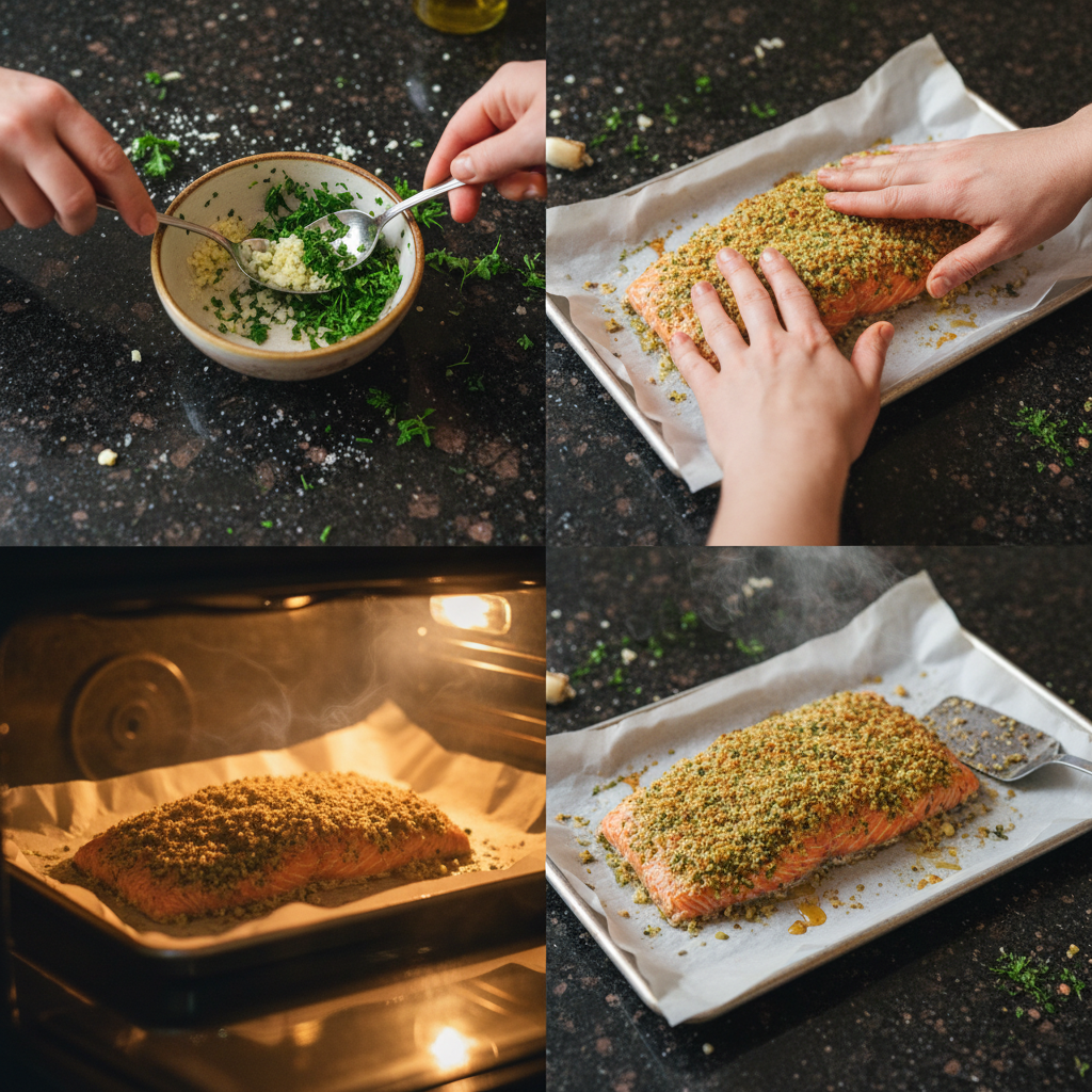 Step-by-step preparation of herb crusted salmon for romantic Valentine's dinner.