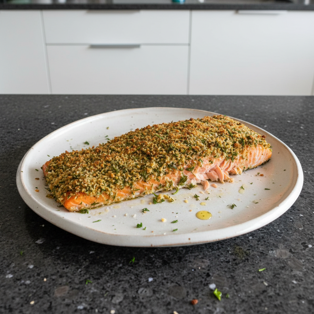 Herb crusted salmon plated beautifully, ready for a romantic Valentine's Day dinner.
