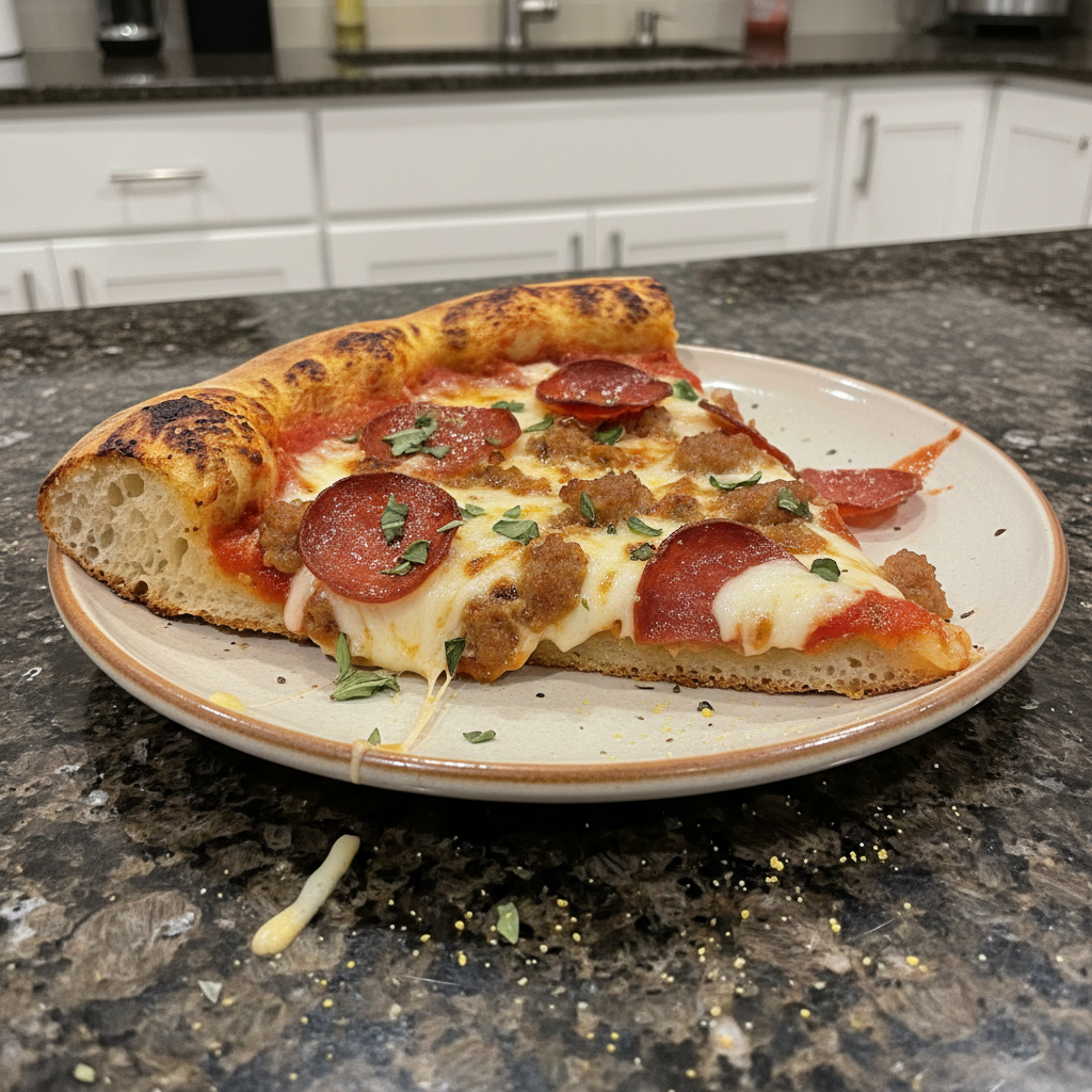 Hot sausage cast-iron skillet pan pizza with melted cheese and herbs.