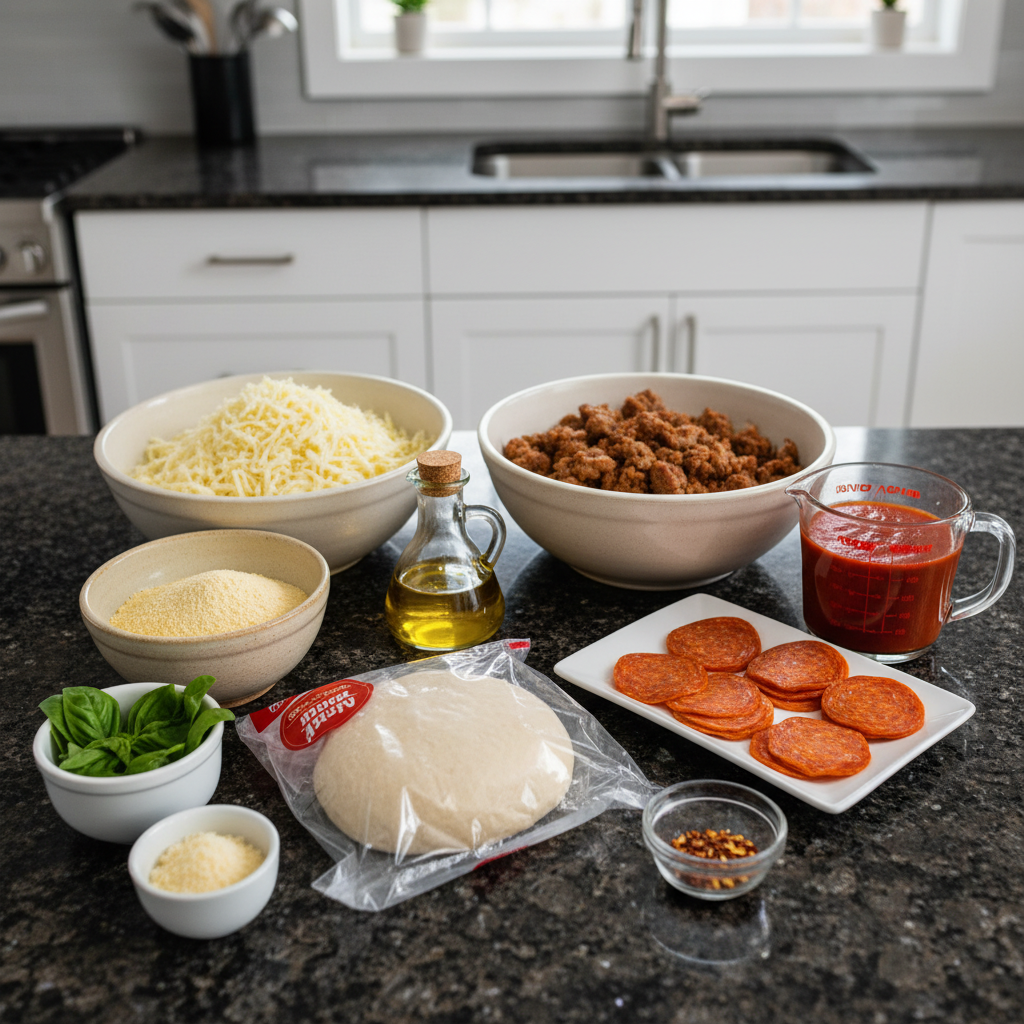 Hot sausage pan pizza ingredients like flour, cheese, and spices.
