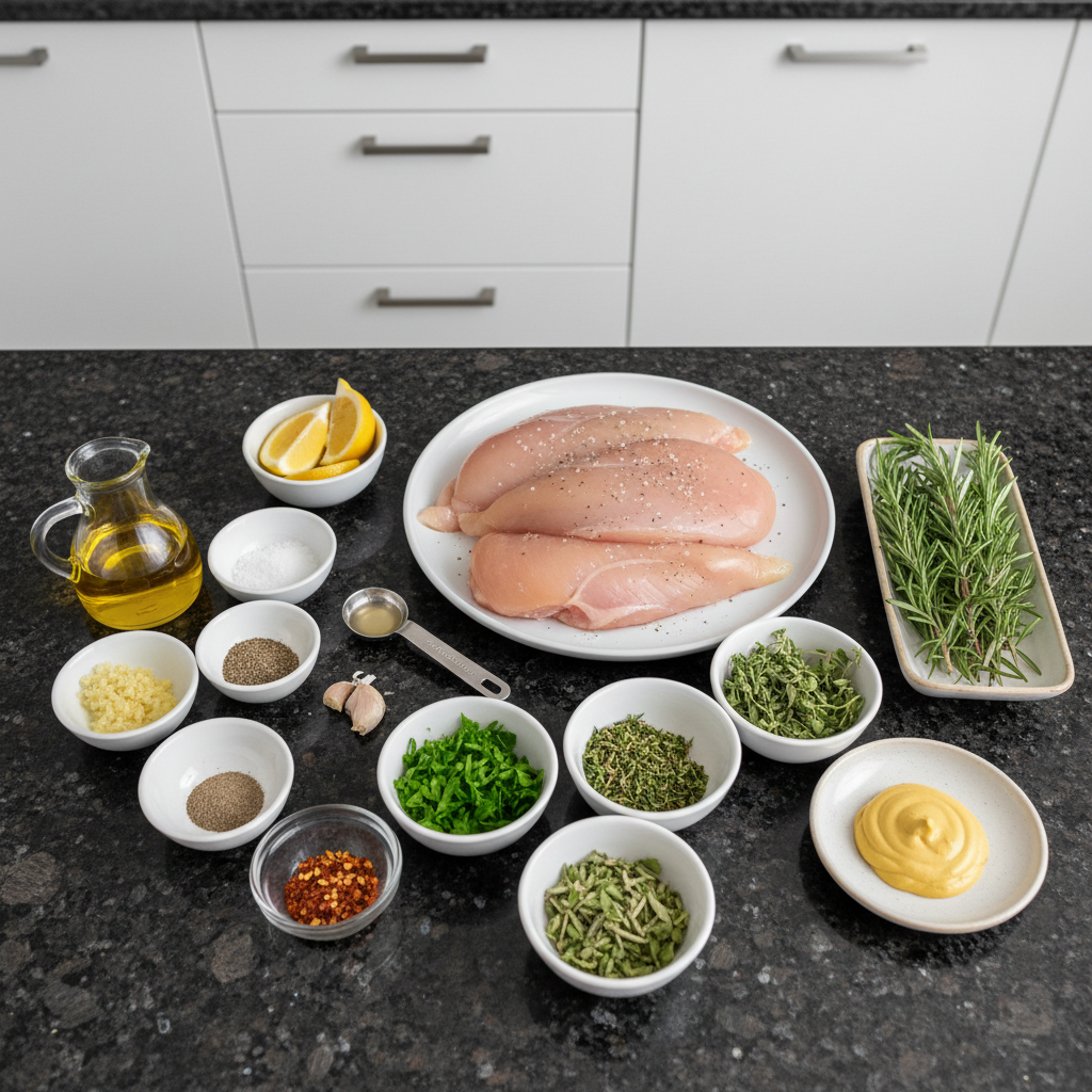 Fresh ingredients for high protein Valentine’s grilled chicken recipe with herbs.