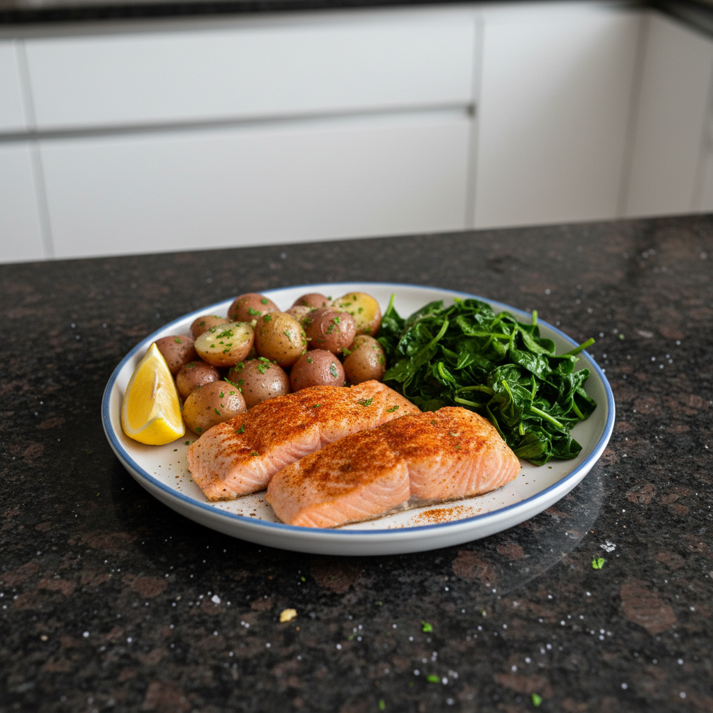 Perfectly cooked Instant Pot Salmon with Garlic Potatoes and Greens ready to serve.
