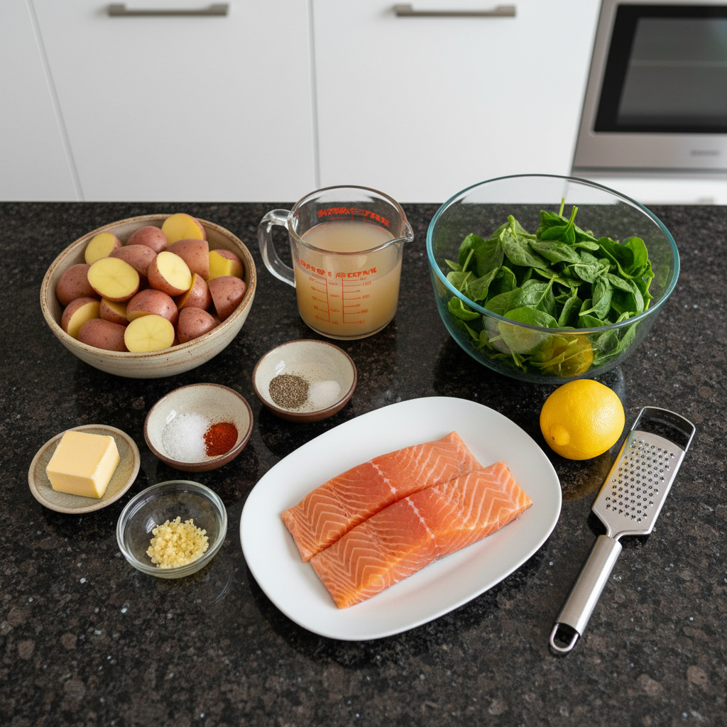 All the fresh ingredients for Instant Pot salmon with garlic potatoes and greens.