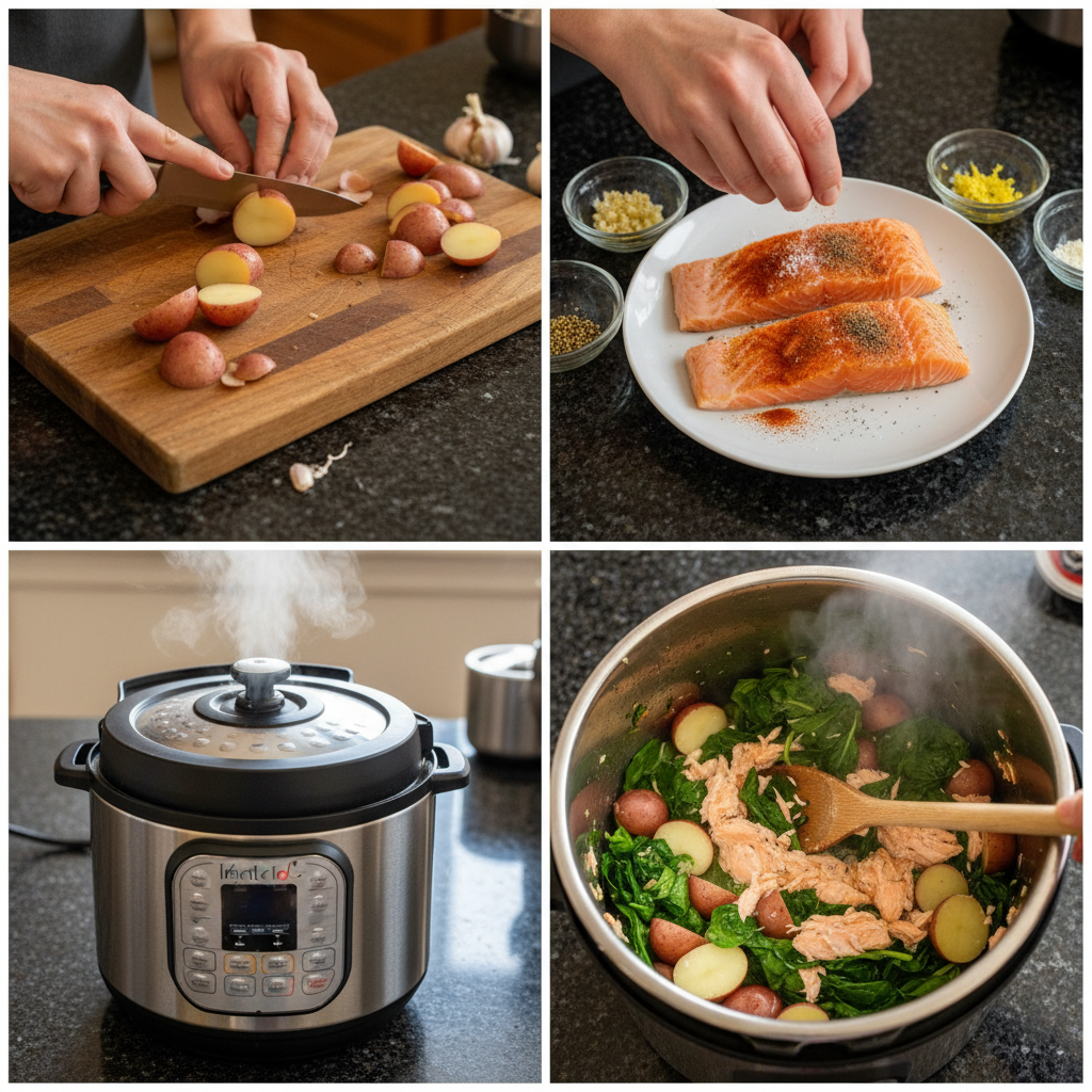 Preparing Instant Pot salmon with potatoes and greens for pressure cooking.
