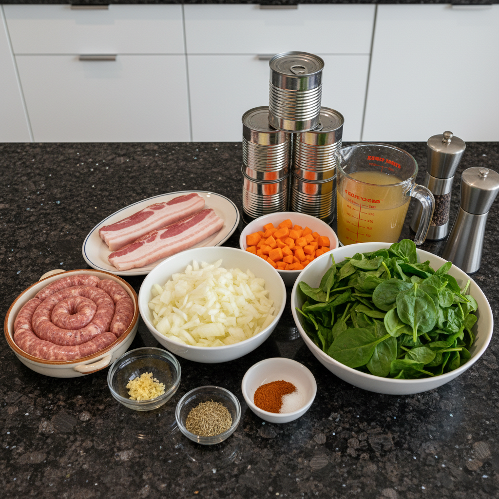 Ingredients for One-Pot Italian Sausage and White Bean Soup, laid out and ready to cook.