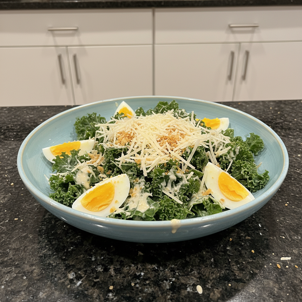 Overhead shot of a vibrant Kale Caesar Salad in a white bowl