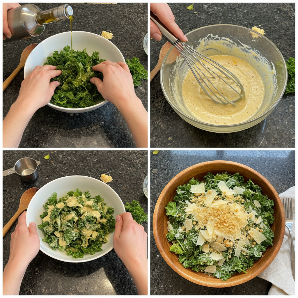 Close-up of massaging kale for a Kale Caesar Salad