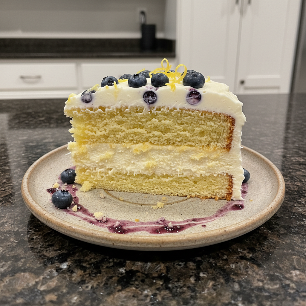 Lemon blueberry cheesecake layer cake with sweet cream cheese frosting and fresh berries.