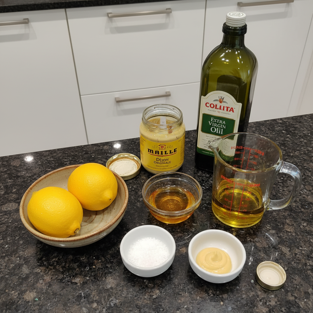 All the fresh ingredients needed to make homemade lemon vinaigrette: lemons, olive oil, garlic, herbs.