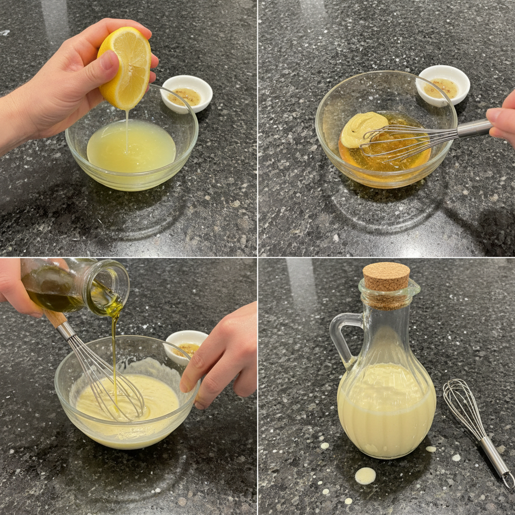 Step-by-step prep: whisking homemade lemon vinaigrette in a glass bowl until emulsified.
