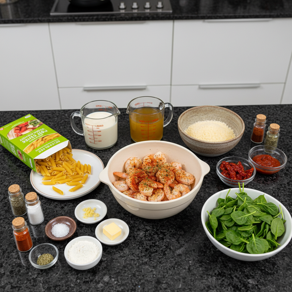 Ingredients for marry me shrimp pasta recipe laid out on a wooden surface.