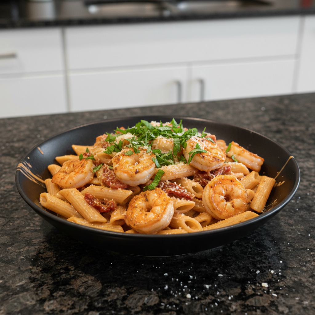 Creamy marry me shrimp pasta plated and ready to eat, topped with fresh herbs.