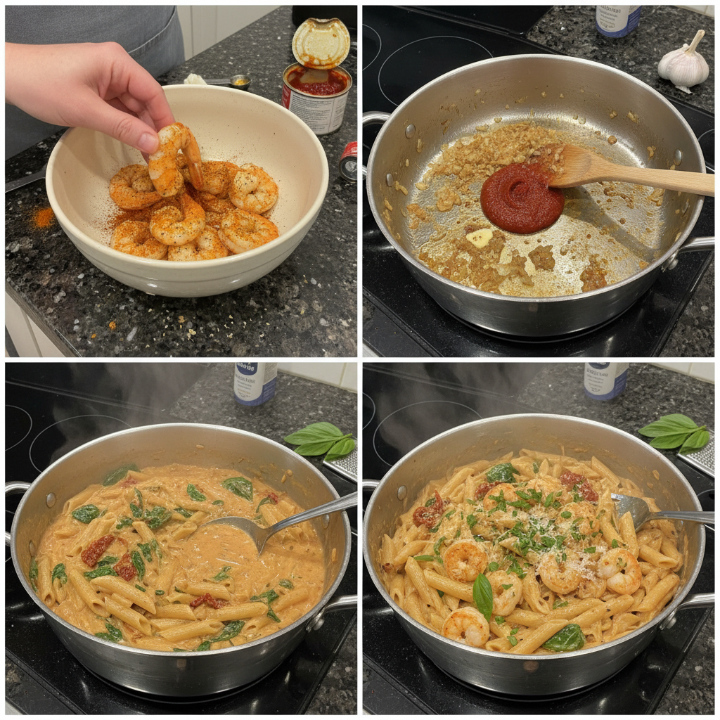 Close-up of the prep stages for marry me shrimp pasta in a skillet.