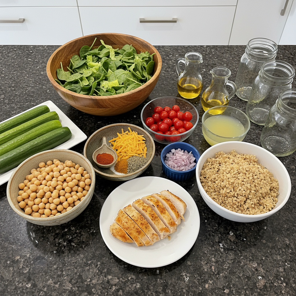 Close-up of colorful ingredients for mason jar salad, including lettuce, tomatoes, and chickpeas.