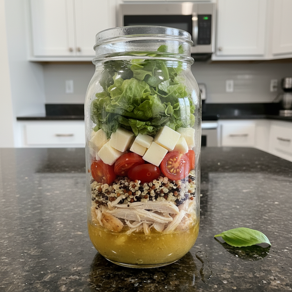 Vibrant mason jar salad ready to eat, layered with fresh vegetables and a zesty dressing.
