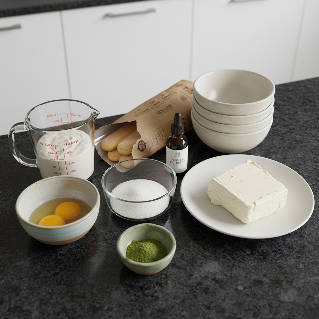 Matcha Tiramisu ingredients, including ladyfingers, mascarpone, matcha powder, and eggs.