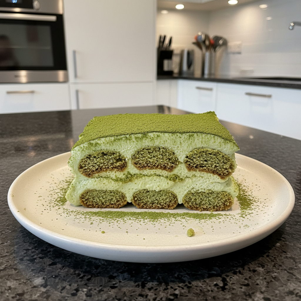 Matcha Tiramisu dessert with dusted green tea powder looks decadent and delicious.