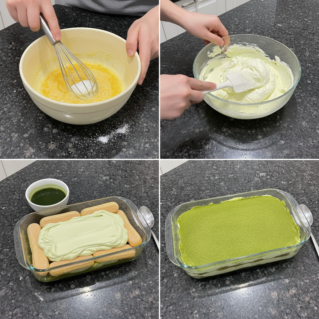Preparing Matcha Tiramisu with ladyfingers dipped in matcha and layering with cream.