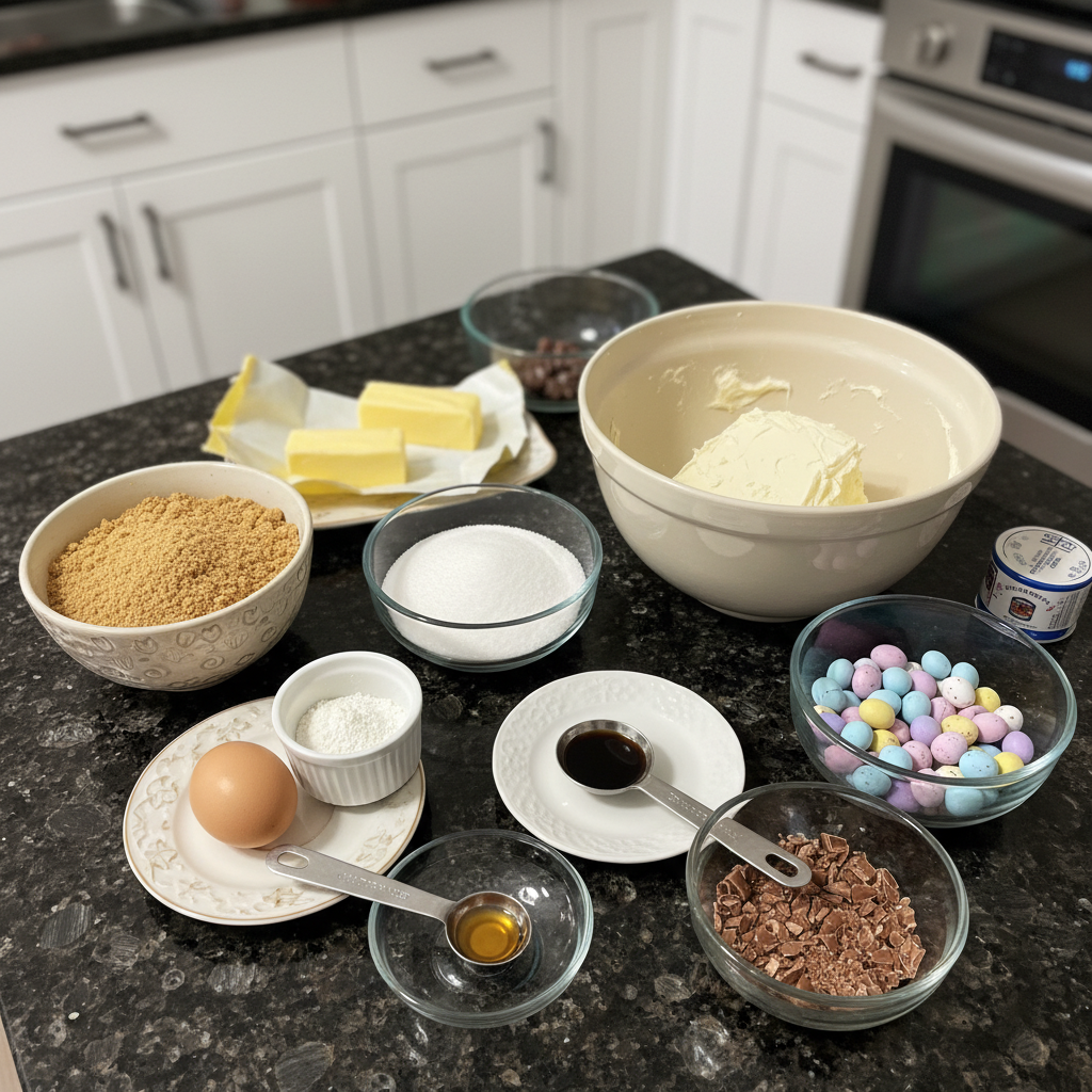 All the ingredients for mini easter egg cheesecakes laid out on a wooden countertop.