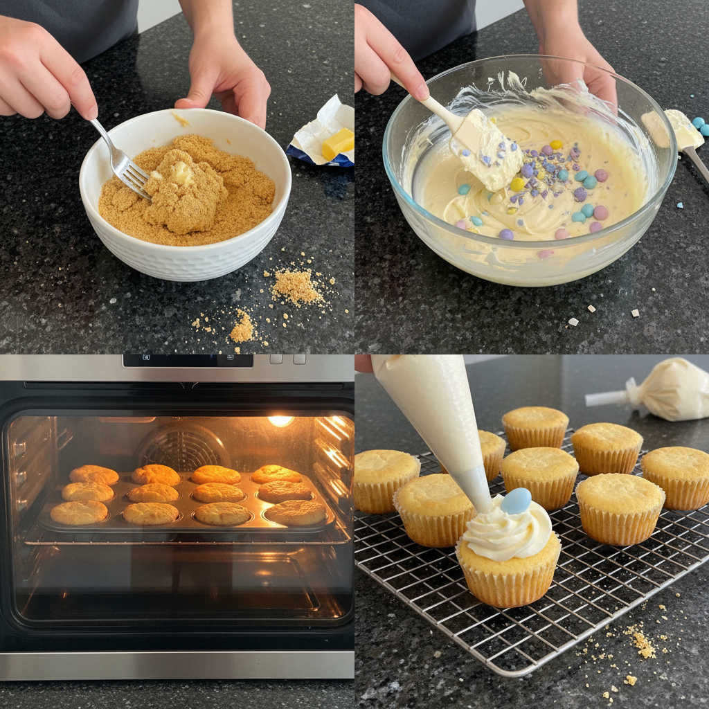 Step-by-step preparation of mini easter egg cheesecakes in the kitchen.