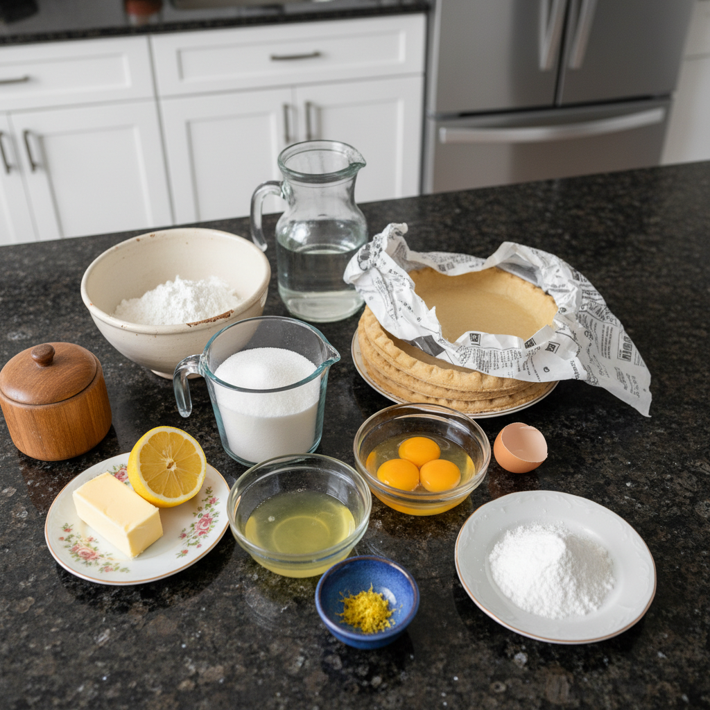 Fresh ingredients for baking mini lemon flower tarts Easter recipe.