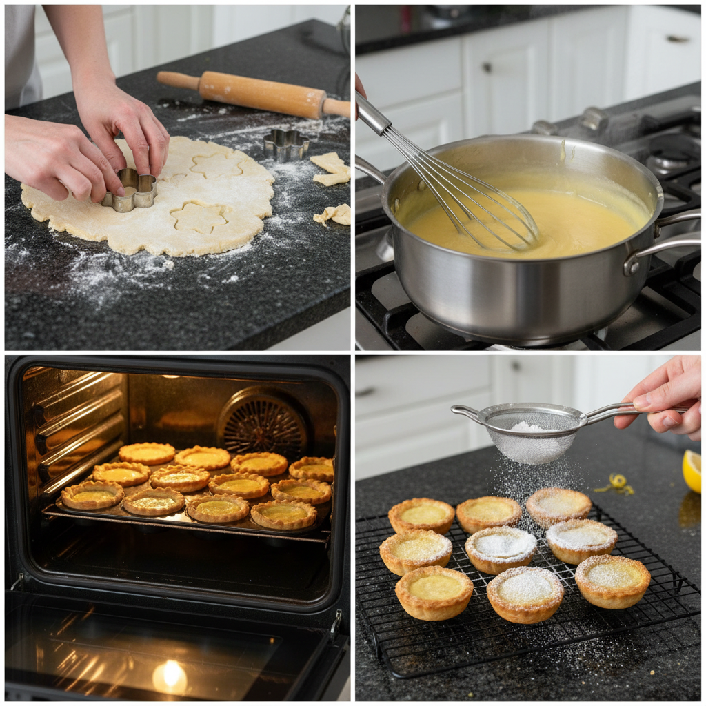 Preparing mini lemon flower tarts Easter dessert crust.