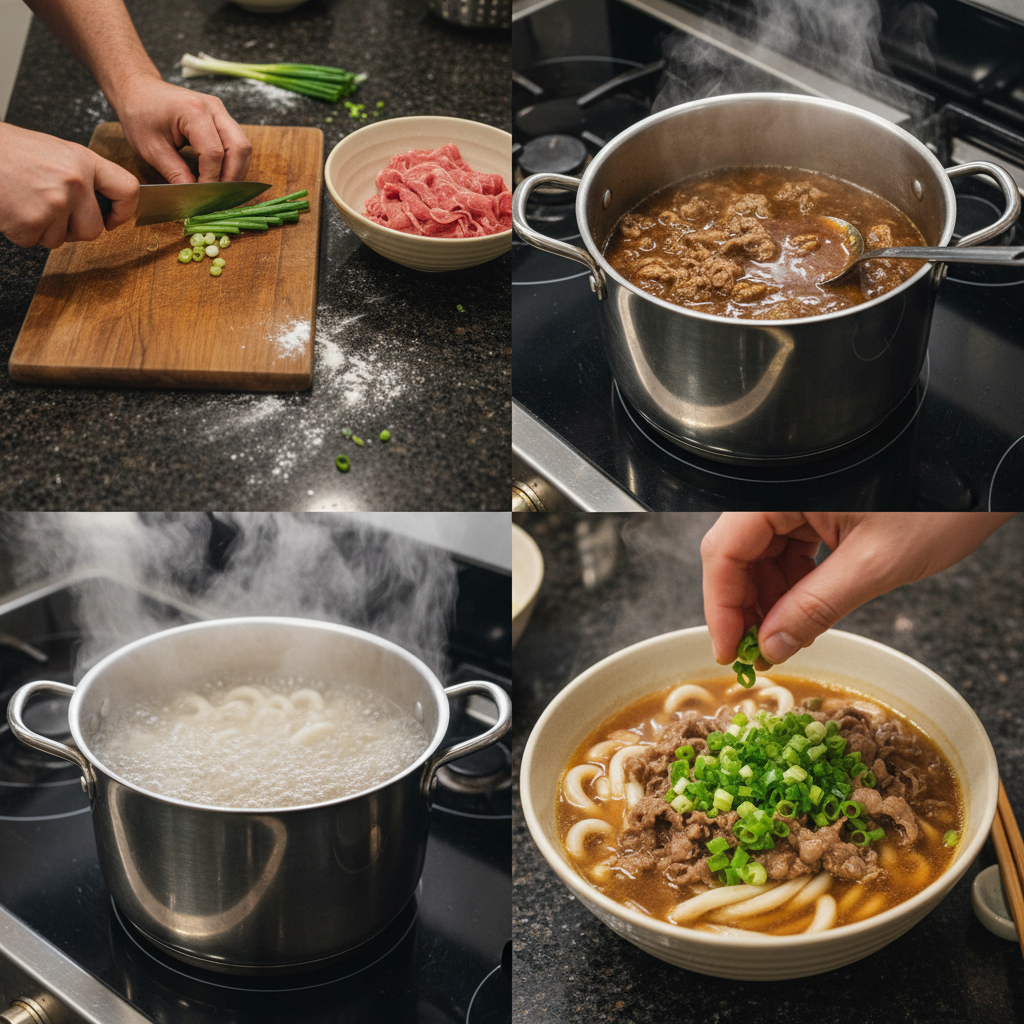 Preparing the Niku Udon beef topping.