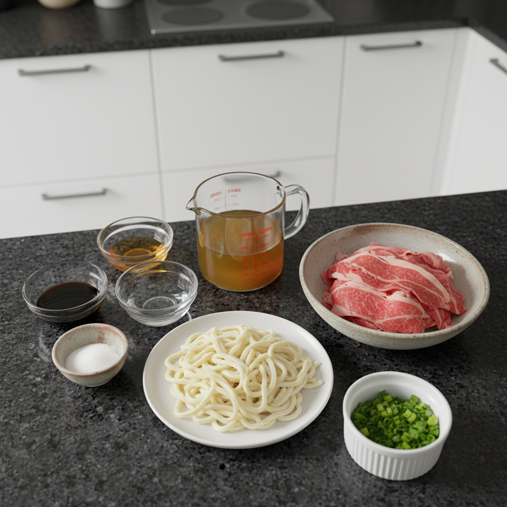 Fresh ingredients for making delicious Niku Udon.