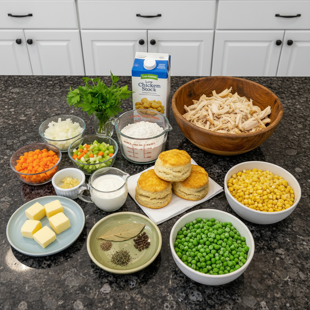 Fresh ingredients for one pot chicken pot pie soup, including chicken, vegetables, and herbs.