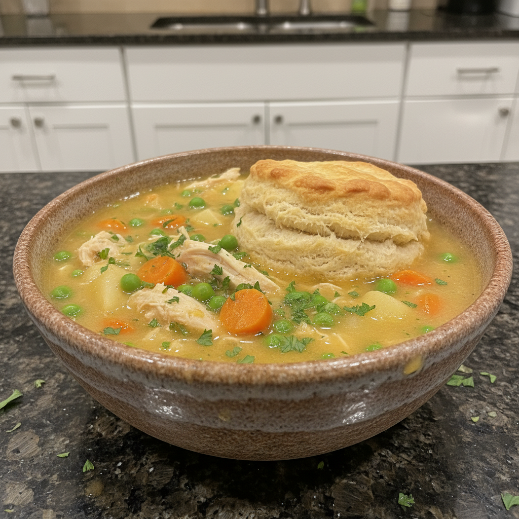 Creamy one-pot chicken pot pie soup in a rustic bowl, garnished with herbs.