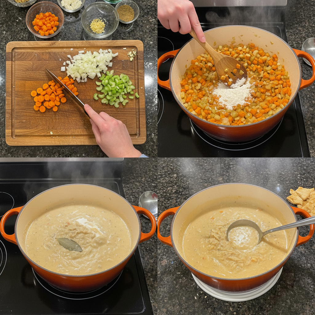 Step-by-step preparation of one-pot chicken pot pie soup in a large pot.