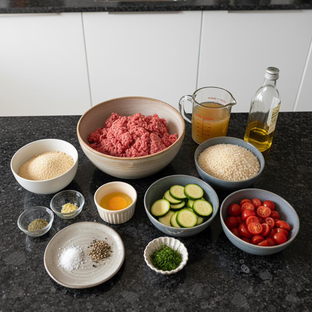 Fresh ingredients for making flavorful one-pot Greek meatballs.