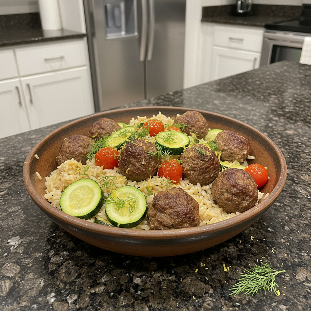 Close-up of juicy one-pot Greek meatballs with feta and herbs.