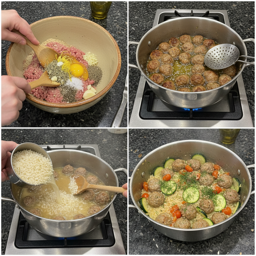Step-by-step prep of one-pot Greek meatballs in a skillet.